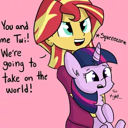 Size: 916x916 | Tagged: safe, artist:tjpones, derpibooru import, sunset shimmer, twilight sparkle, pony, equestria girls, cute, dialogue, fluffy, frown, holding a pony, hug, open mouth, smirk, tjpones is trying to murder us, uncomfortable