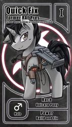 Size: 800x1399 | Tagged: safe, artist:vavacung, derpibooru import, oc, oc:quick fix, unofficial characters only, cyborg, pony, unicorn, artificial wings, augmented, jet wings, male, mechanical wing, pactio card, stallion, technology, wings