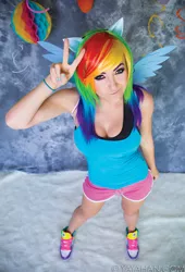 Size: 613x900 | Tagged: safe, artist:jessica nigri, artist:purplepluminc, derpibooru import, rainbow dash, human, cleavage, clothes, cosplay, costume, female, image, irl, irl human, jessica nigri, jpeg, peace sign, photo, shorts, sleeveless, tanktop