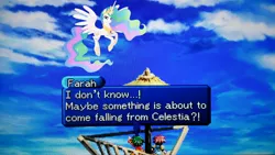 Size: 3771x2121 | Tagged: derpibooru import, farah oersted, playstation 1, princess celestia, reid hershel, safe, tales of destiny 2, tales of eternia