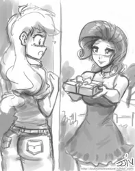 Size: 709x900 | Tagged: safe, artist:johnjoseco, derpibooru import, applejack, rarity, human, friendshipping, grayscale, humanized, monochrome, open mouth, present, rarijack, shipping, sketch, wide eyes