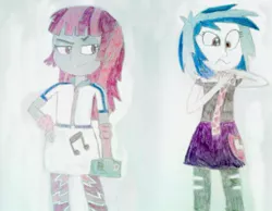 Size: 1015x787 | Tagged: safe, artist:hakdurbin, derpibooru import, mystery mint, vinyl scratch, equestria girls, background human, traditional art