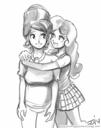 Size: 709x900 | Tagged: artist:johnjoseco, clothes, cookie crumbles, derpibooru import, female, grayscale, hug, human, humanized, monochrome, mother and child, mother and daughter, safe, sketch, skirt, sweetie belle