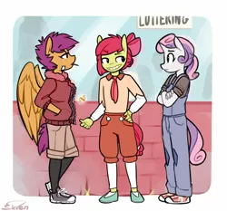 Size: 900x837 | Tagged: alternate universe, anthro, apple bloom, artist:siden, clothes, converse, cutie mark crusaders, derpibooru import, manehattan city mavericks, oc, oc:apple spritzer, oc:marble, oc:plume, safe, scootaloo, shoes, sweetie belle, ultimare universe, unofficial characters only