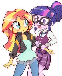 Size: 973x1200 | Tagged: safe, artist:k-nattoh, derpibooru import, sci-twi, sunset shimmer, twilight sparkle, equestria girls, blushing, clothes, cover, crystal prep academy uniform, cute, duo, eye contact, female, glasses, open mouth, school uniform, shimmerbetes, simple background, skirt, smiling, twiabetes, white background