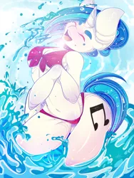 Size: 1200x1600 | Tagged: suggestive, artist:lovepuma69, derpibooru import, vinyl scratch, anthro, unicorn, arm hooves, belly button, bikini, breasts, clothes, cutie mark, female, impossibly large ears, solo, solo female, swimsuit, wave