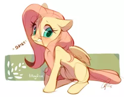 Size: 669x524 | Tagged: safe, artist:lillayfran, derpibooru import, fluttershy, pegasus, pony, adorkable, belly, blushing, cute, doodle, dork, female, floppy ears, grin, horse noises, horses doing horse things, looking at you, mare, nervous, shyabetes, signature, sitting, smiling, snorting, solo, teeth