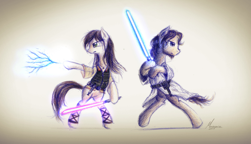 Size: 1349x776 | Tagged: safe, artist:theflyingmagpie, derpibooru import, oc, oc:kicia, oc:magpie, pony, bipedal, crossover, force lightning, jedi, lightsaber, star wars, traditional art, weapon