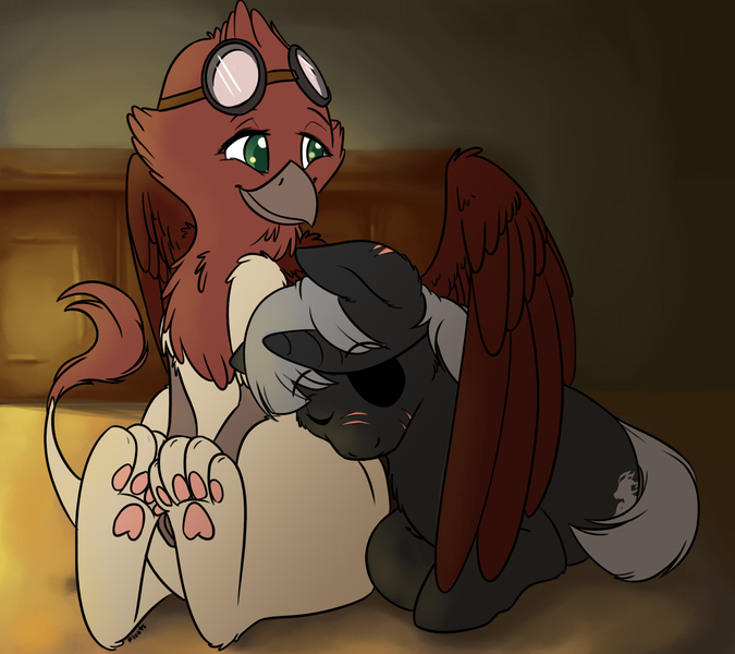 Size: 2361x2100 | Tagged: safe, artist:floots, derpibooru import, oc, oc:blinky, oc:rydia, unofficial characters only, gryphon, pony, unicorn, fallout equestria, colt, comfort, cuddling, cute, eyepatch, foal, hug, male, paws, snuggling, winghug, wings