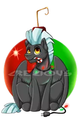 Size: 556x853 | Tagged: safe, artist:crecious, derpibooru import, thunderlane, pegasus, pony, candy, candy cane, christmas ornament, decoration, food, male, mouth hold, obtrusive watermark, ornament, sitting, solo, stallion, thunderbetes, watermark