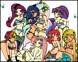 Size: 2590x2050 | Tagged: suggestive, artist:pixel-chick, derpibooru import, applejack, fluttershy, pinkie pie, princess celestia, princess luna, rainbow dash, rarity, twilight sparkle, human, ass, balloonbutt, belly button, blushing, bra, breasts, busty applejack, busty fluttershy, busty pinkie pie, busty princess celestia, busty princess luna, busty rainbow dash, busty rarity, busty twilight sparkle, cleavage, clothes, female, females only, fingerless gloves, flutterbutt, garters, gloves, hug, humanized, lingerie, mane six, panties, princess, rainbow underwear, simple background, socks, stockings, striped underwear, thigh highs, tongue out, underwear, white background