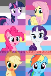 Size: 1600x2400 | Tagged: safe, artist:demigirl-adagiodazzle, derpibooru import, applejack, fluttershy, pinkie pie, rainbow dash, rarity, twilight sparkle, twilight sparkle (alicorn), alicorn, pony, asexual, asexual pride flag, bisexual pride flag, bisexuality, female, gay pride flag, headcanon, lgbt, mane six, mare, pansexual, pansexual pride flag, pride, pride flag, sexuality headcanon, transgender, transgender pride flag