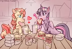 Size: 669x453 | Tagged: safe, artist:lawrence alpaca, derpibooru import, sunset shimmer, twilight sparkle, twilight sparkle (alicorn), alicorn, pony, burger, date, eating, female, food, french fries, hay burger, hay fries, heart, lesbian, mare, question mark, shipping, sunsetsparkle, that pony sure does love burgers, this will end in weight gain, twilight burgkle