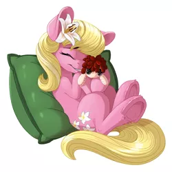 Size: 1356x1356 | Tagged: safe, artist:pusspuss, derpibooru import, lily, lily valley, earth pony, pony, cuddling, eyes closed, fanfic art, female, flower, flower in hair, mare, pillow, plushie, simple background, smiling, snuggling, solo, underhoof, white background