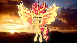 Size: 3840x2160 | Tagged: safe, artist:osipush, derpibooru import, edit, sunset shimmer, alicorn, pony, unicorn, my past is not today, 4k, evening, fiery shimmer, fiery wings, grin, happy, photo, pun, race swap, shimmercorn, smiling, solo, sun, sunset, sunset phoenix, sunshine shimmer, vector, visual pun, wallpaper, wallpaper edit