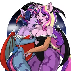 Size: 1500x1500 | Tagged: alternate hairstyle, anthro, artist:arnachy, big breasts, blushing, breasts, busty princess cadance, busty twilight sparkle, cleavage, clothes, costume, crossover, darkstalkers, derpibooru import, female, lesbian, lilith aensland, lipstick, looking at you, morrigan aensland, princess cadance, shipping, squishy cheeks, succubus, suggestive, twidance, twilight sparkle, wings