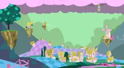 Size: 3552x1942 | Tagged: artist:zvn, chaos, cloud, cotton candy, cotton candy cloud, derpibooru import, discorded landscape, floating island, food, green sky, no pony, ponyville, safe, scenery, the return of harmony