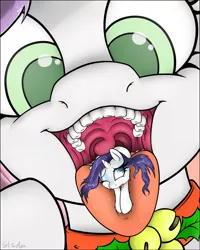 Size: 2000x2500 | Tagged: suggestive, artist:gtsdev, derpibooru import, rarity, sweetie belle, christmas theme, fetish, imminent vore, maw, mawshot, micro, open mouth, rariprey, sibling vore, size difference, sweetiepred, tongue out, uvula