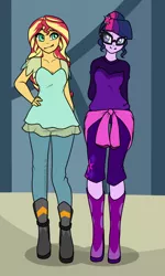 Size: 600x1000 | Tagged: safe, artist:rainbowdrool, derpibooru import, sci-twi, sunset shimmer, twilight sparkle, equestria girls, friendship games, implied sunsetsparkle, looking at each other
