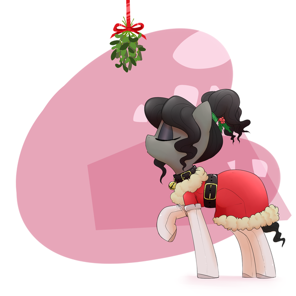 Size: 2000x2000 | Tagged: artist:whydomenhavenipples, christmas, clothes, collar, derpibooru import, eyes closed, holly, kissing, kissing meme, mistletoe, oc, oc:nikita, raised hoof, safe, santa costume, solo, stockings, unofficial characters only, waiting