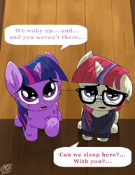 Size: 1024x1325 | Tagged: safe, artist:loreto-arts, derpibooru import, moondancer, twilight sparkle, pony, unicorn, behaving like a cat, behaving like a dog, bronybait, cute, dancerbetes, dialogue, duo, female, filly, floppy ears, fluffy, glasses, looking at you, looking up, open mouth, pony pet, raised hoof, sad, twiabetes, weapons-grade cute