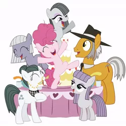 Size: 640x640 | Tagged: safe, derpibooru import, cloudy quartz, igneous rock pie, limestone pie, marble pie, maud pie, pinkie pie, pony, pinkie pride, cake, female, filly, food, male, mare, pie family, pie sisters, punch (drink), punch bowl, quartzrock, siblings, sisters, stallion, younger