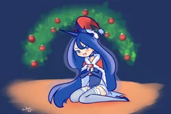 Size: 1200x800 | Tagged: artist:drantyno, blushing, christmas, clothes, cute, derpibooru import, dress, hat, horned humanization, human, humanized, princess luna, safe, santa hat, shoes, solo, stockings