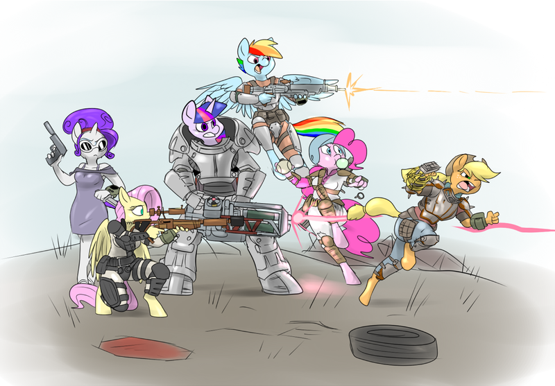 Size: 1083x754 | Tagged: safe, artist:metal-kitty, derpibooru import, applejack, fluttershy, pinkie pie, rainbow dash, rarity, twilight sparkle, anthro, earth pony, pegasus, unguligrade anthro, unicorn, armor, assault rifle, badass, baseball, clothes, crossover, description at source, description is relevant, dress, fallout, fallout 4, female, flutterbadass, gatling laser, glasses, grenade, gun, horn, mane six, minigun, open mouth, optical sight, pipe rifle, pistol, power armor, power fist, powered exoskeleton, rifle, shooting, sniper rifle, spread wings, sunglasses, teeth, tire, wasteland, weapon, wings, x-01 power armor