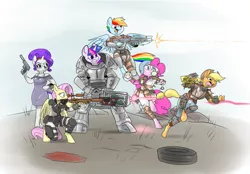 Size: 1083x754 | Tagged: safe, artist:metal-kitty, derpibooru import, applejack, fluttershy, pinkie pie, rainbow dash, rarity, twilight sparkle, anthro, earth pony, pegasus, unguligrade anthro, unicorn, armor, assault rifle, badass, baseball, clothes, crossover, description at source, description is relevant, dress, fallout, fallout 4, female, flutterbadass, gatling laser, glasses, grenade, gun, horn, mane six, minigun, open mouth, optical sight, pipe rifle, pistol, power armor, power fist, powered exoskeleton, rifle, shooting, sniper rifle, spread wings, sunglasses, teeth, tire, wasteland, weapon, wings, x-01 power armor