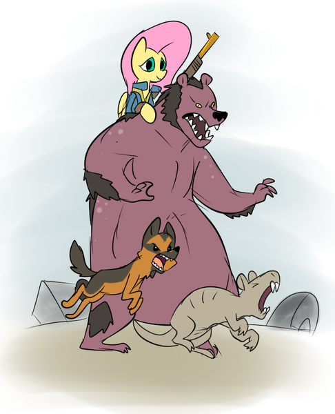 Size: 641x791 | Tagged: safe, artist:metal-kitty, derpibooru import, fluttershy, bear, dog, naked mole rat, pegasus, pony, crossover, description at source, description is relevant, dogmeat, fallout, fallout 4, female, gun, hooves, mare, open mouth, pipe rifle, ponies riding bears, rifle, sniper rifle, weapon, wings, yao guai