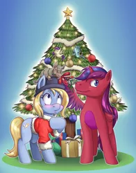 Size: 1024x1307 | Tagged: safe, artist:nauth, derpibooru import, bon bon, lyra heartstrings, sweetie drops, oc, alicorn, armadillo, pony, alicorn oc, angel, blushing, chibi, christmas tree, clothes, hat, mistletoe, present, romantic, santa costume, tree