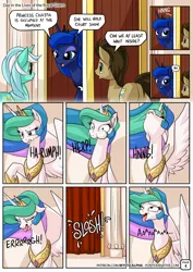 Size: 955x1351 | Tagged: safe, artist:mysticalpha, derpibooru import, doctor whooves, lyra heartstrings, princess celestia, princess luna, time turner, alicorn, pony, comic:day in the lives of the royal sisters, comic, constipated, crown, faic, female, floppy ears, horseshoes, implied pooping, jewelry, male, mare, open mouth, peytral, potty time, puffy cheeks, regalia, stallion, straining, tongue out, wide eyes