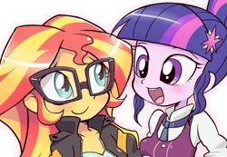 Size: 738x512 | Tagged: safe, artist:k-nattoh, derpibooru import, sci-twi, sunset shimmer, twilight sparkle, equestria girls, accessory swap, adorkable, blushing, clothes, cute, dork, eye contact, female, glasses, open mouth, shimmerbetes, smiling, twiabetes
