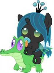Size: 786x1067 | Tagged: safe, artist:red4567, derpibooru import, gummy, queen chrysalis, nymph, pony, baby, baby pony, cute, cutealis, ponies riding gators, recolor, weapons-grade cute