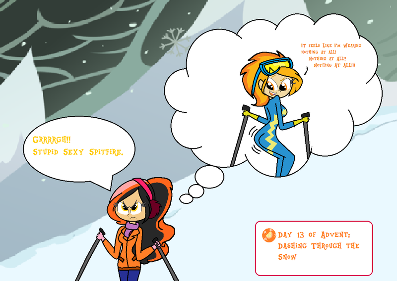 Size: 1269x901 | Tagged: safe, artist:obeliskgirljohanny, derpibooru import, spitfire, oc, oc:marmalade meringue, human, ass, butt, canon x oc, clothes, goggles, humanized, nothing at all, scarf, sexy, shipping, skis, stupid sexy flanders, stupid sexy spitfire, the simpsons, wiggle