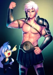 Size: 990x1400 | Tagged: abs, armor, artist:bakki, barely pony related, blue eyes, chibi, commission, derpibooru import, flexing, human, humanized, humanized oc, lyover, muscles, oc, oc:lyoko hope, oc:silver spark, pecs, safe, unconvincing armor, unofficial characters only