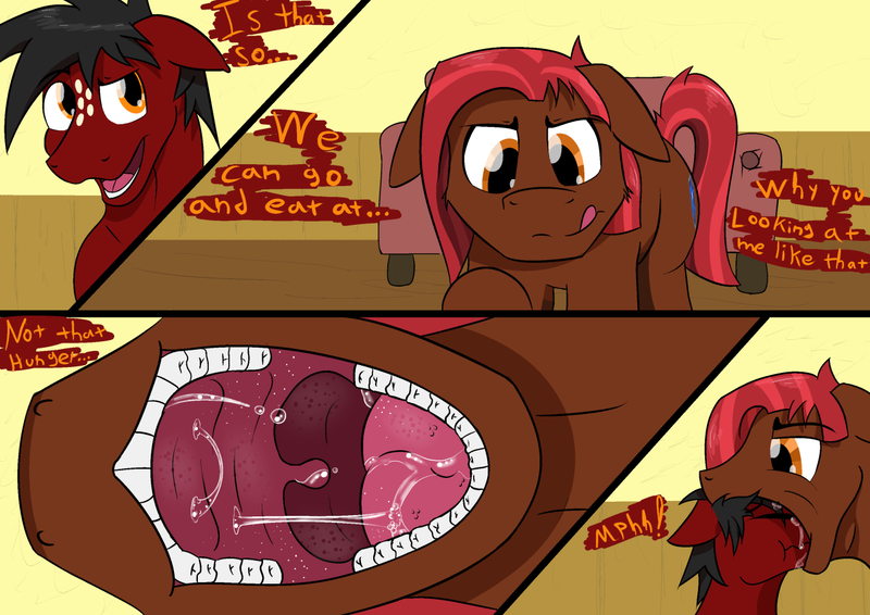 Size: 1280x906 | Tagged: questionable, artist:kassc, derpibooru import, oc, oc:dusk sunrich, oc:losian, unofficial characters only, earth pony, pony, fetish, kitchen eyes, licking, licking lips, mawshot, open mouth, tongue out, uvula, vore