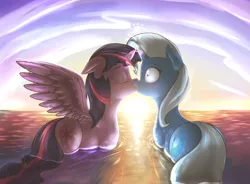 Size: 1400x1032 | Tagged: safe, artist:shydale, derpibooru import, trixie, twilight sparkle, twilight sparkle (alicorn), alicorn, pony, blushing, female, heart, horns are touching, kissing, lesbian, mare, ocean, plump, shipping, sunset, surprise kiss, surprised, twixie, water, wide eyes, wingboner