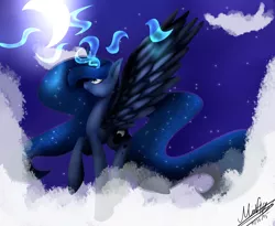 Size: 4000x3280 | Tagged: artist:midfire, cloud, derpibooru import, magic, moon, night, princess luna, safe, solo, spread wings