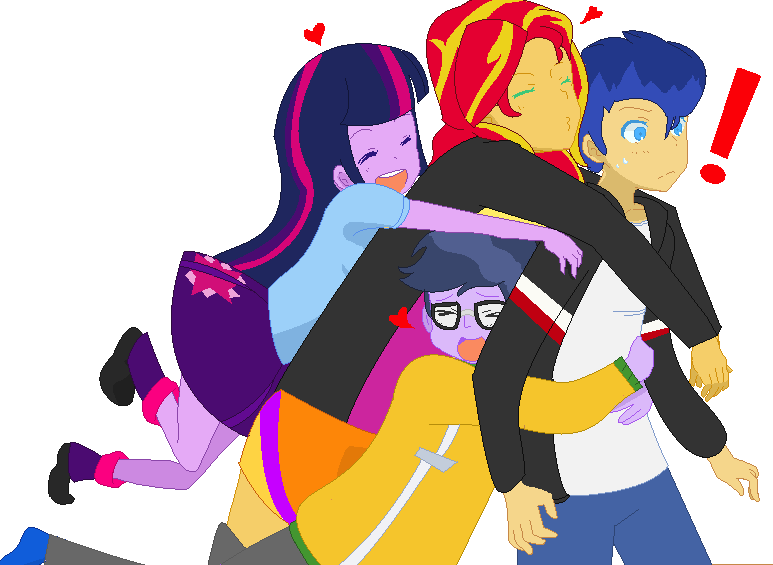 Size: 773x565 | Tagged: safe, artist:asliceoflife, artist:pixel-fairy-ich, derpibooru import, flash sentry, microchips, sunset shimmer, twilight sparkle, equestria girls, *3*, base used, bisexual, duckface, eyes closed, flashimmer, flashlight, flashlightshimmer, flashlightshimmerchips, gang hape, gay, glomp, hape, happy, heart, hug, male, microflash, open mouth, shipping, simple background, smiling, straight, surprised, transparent background