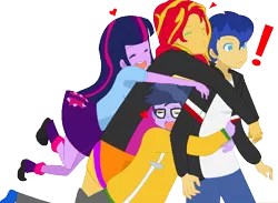 Size: 773x565 | Tagged: safe, artist:asliceoflife, artist:pixel-fairy-ich, derpibooru import, flash sentry, microchips, sunset shimmer, twilight sparkle, equestria girls, *3*, base used, bisexual, duckface, eyes closed, flashimmer, flashlight, flashlightshimmer, flashlightshimmerchips, gang hape, gay, glomp, hape, happy, heart, hug, male, microflash, open mouth, shipping, simple background, smiling, straight, surprised, transparent background