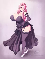 Size: 901x1200 | Tagged: alternate hairstyle, artist:spindlesx, ass, big breasts, blushing, bow, breasts, busty fluttershy, cleavage, clothes, collar, commission, corset, curvy, cute, derpibooru import, dress, earring, evening gloves, feet, female, fluttershy, garters, gloves, high heels, hourglass figure, huge breasts, human, humanized, jewelry, large butt, long hair, necklace, panties, piercing, pink underwear, shyabetes, side slit, skirt, skirt lift, sluttershy, socks, solo, solo female, suggestive, thigh highs, thighs, underwear, upskirt, wide hips