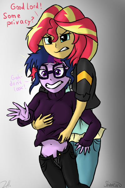 Size: 600x900 | Tagged: suggestive, artist:shimazun, derpibooru import, sci-twi, sunset shimmer, twilight sparkle, equestria girls, friendship games, belly button, black underwear, breasts, caught, clothes, dialogue, female, imminent sex, interrupted, lesbian, scitwishimmer, shipping, sunsetsparkle, underwear, undressing