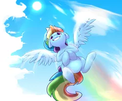 Size: 4486x3730 | Tagged: artist:angelwing314, derpibooru import, flying, perspective, rainbow dash, safe, sky, solo, sun