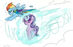 Size: 1500x970 | Tagged: artist:xieril, blushing, chest fluff, derpibooru import, feather, levitation, looking at each other, magic, race, racing, rainbow dash, safe, self-levitation, sky, starlight glimmer, sweat, telekinesis, whoosh, wtf