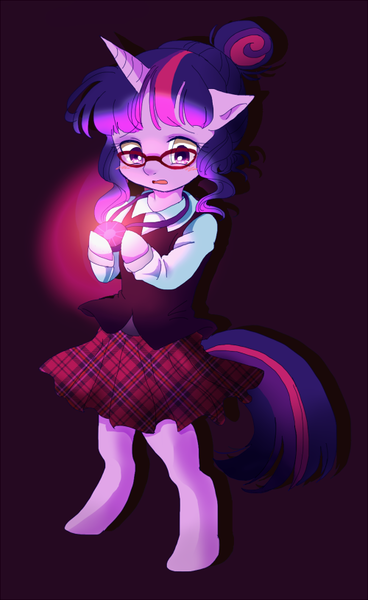 Size: 500x815 | Tagged: safe, artist:tsukuda, derpibooru import, sci-twi, twilight sparkle, ponified, anthro, unguligrade anthro, equestria girls, clothes, equestria girls ponified, fear, glasses, glow, holding, holding in hooves, image, magic capture device, pixiv, png, scared, skirt, solo