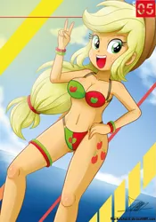 Size: 739x1055 | Tagged: suggestive, artist:the-butch-x, derpibooru import, applejack, equestria girls, beach, beach babe, belly button, bicolor swimsuit, bikini, bikini babe, bracelet, breasts, busty applejack, cleavage, clothes, cute, cutie mark, cutie mark on equestria girl, female, garter, green swimsuit, hand on hip, jackabetes, looking at you, ocean, open mouth, red swimsuit, sexy, smiling, solo, solo female, string bikini, swimsuit, underass, water, wristband, x summer, x summer rework