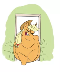 Size: 552x656 | Tagged: safe, artist:calorie, derpibooru import, applejack, earth pony, pony, applefat, belly, big belly, bingo wings, chubby cheeks, doorway, fat, obese, solo, stuck, the ass is monstrously oversized for tight entrance