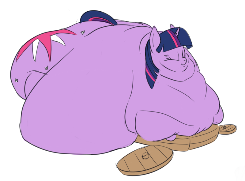 Size: 825x609 | Tagged: questionable, artist:calorie, derpibooru import, twilight sparkle, pony, unicorn, belly, bingo wings, cart, chubby cheeks, double chin, fat, huge belly, huge butt, large butt, morbidly obese, neck roll, obese, property damage, smiling, solo, twilard sparkle