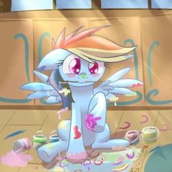 Size: 1250x1250 | Tagged: safe, artist:sintakhra, derpibooru import, rainbow dash, pegasus, pony, blush sticker, blushing, cute, dashabetes, filly, filly rainbow dash, floppy ears, messy, mouth hold, paintbrush, painting, raised hoof, sitting, smiling, solo, spread wings, underhoof, younger